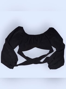 Sason Black Puff-Sleeve Wrap Crop Top with Tie Waist